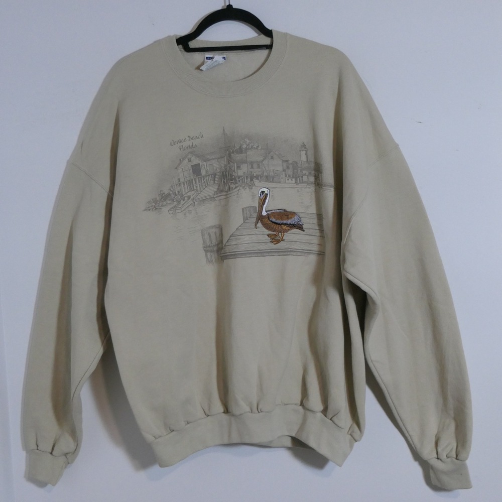 Womens Sweatshirt 2X Tan Venice Beach Florida Pelican Coastal Nautical Granola